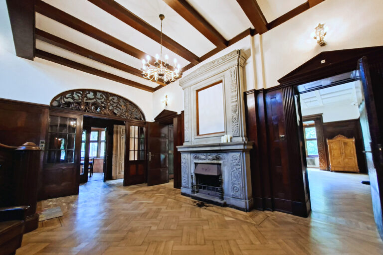 Kaminhalle der Bel Etage im Stadtschloss Halle mit historischem Kamin, Holzvertäfelung und Parkett